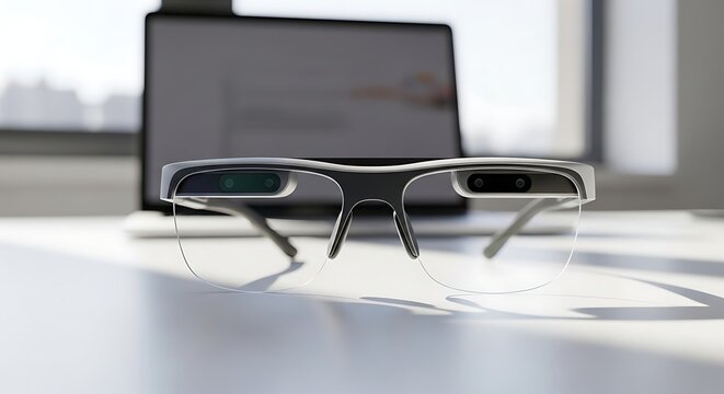 Close-up of a pair of modern augmented reality glasses resting on a white surface in front of a laptop.