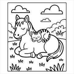 Cute Horse and Cat Coloring Page Farm Animal Friends for Kids