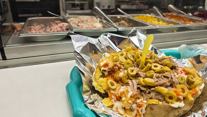 Loaded baked potato with tuna, olives, mayonnaise and spicy sauce served at a fair