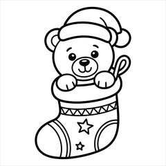 Christmas Coloring Page Cute Teddy Bear in Stocking for Kids