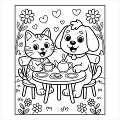 Cute Cat and Dog Coloring Page Animal Friends Having Tea Party for Kids