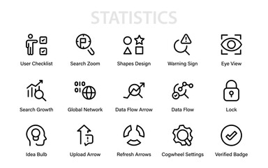 Statistics Modern Line Icon Pack. Professional outline vector set of data, economy, analytics, charts, research, reporting, and market growth.