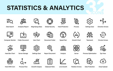 Statistics and analytics Modern Line Icon Pack. Professional minimal line collection symbols of data, finance, charts, economy, and reporting.