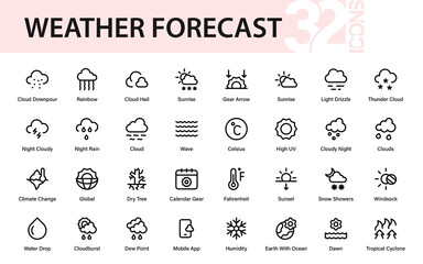 Weather Forecast Modern Line Icon Pack. Professional climate outline vector set of minimal, stylish, and creative storm, sun, and atmospheric illustrations.