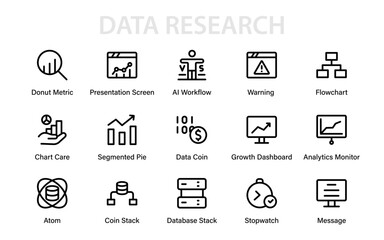Data Research Modern Line Icon Pack. Professional outline vector set of analytics, statistics, business data, economy, charts, and investment growth.