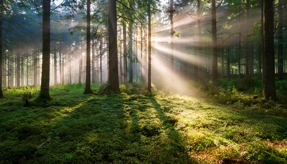 Obraz premium Sunbeams Illuminate A Verdant Forest Floor With Misty Atmosphere And Tall Trees