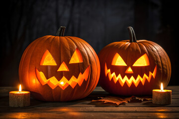 Obraz premium Glowing carved pumpkins with candles inside, spooky Halloween atmosphere set against dark background, symbolizing seasonal holiday fun and tradition.