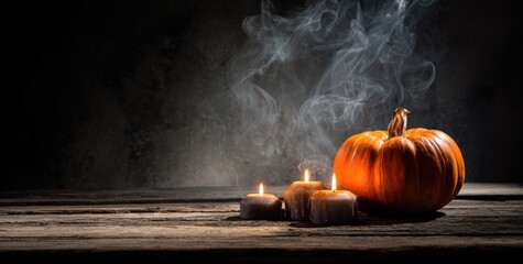 Halloween background with pumpkin and burning candles on rustic wooden table with smoke, perfect for seasonal banners, spooky invitations, and festive advertising