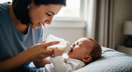 Happy mother feeds baby from bottle