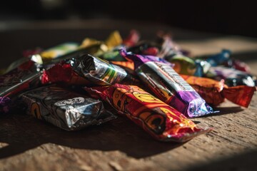 Colorful Wrapped Candies Placed on Wooden Surface in Sunlight Highlighting Sweet Treats, Concept of Confectionery Products, Businesses for Holiday or Everyday Candy Sales and Marketing