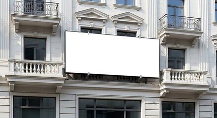 Fototapeta premium Large Empty White Billboard Mounted on Elegant White Classical Building Facade