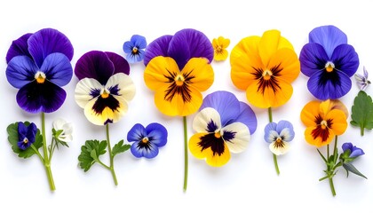 Vibrant pansies arranged on a white background