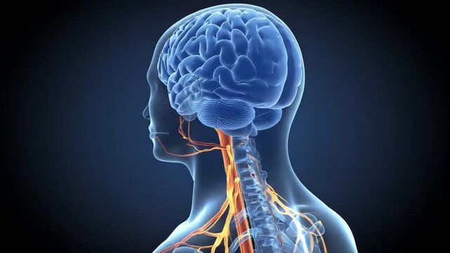 Detailed anatomical illustration of human brain and spine