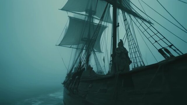 Mysterious sailing ship in foggy sea with silhouettes of sailors on shore. Atmospheric scene for historical adventure movie or pirate tale concept.