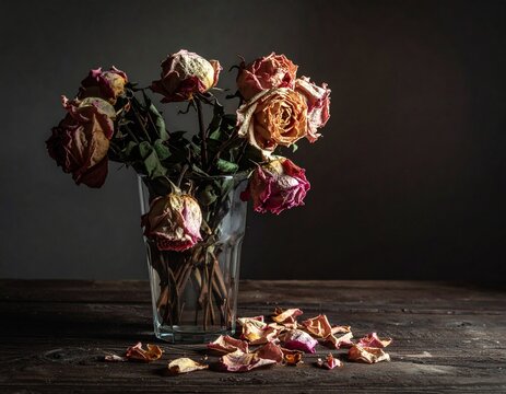 Wilted Roses in Vase: A still-life composition captures the delicate beauty of wilted roses in a glass vase, their petals shedding softly against a backdrop of muted tones.