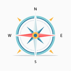Illustration of a compass with cardinal directions, featuring blue, red, yellow, and white colors on a light background.