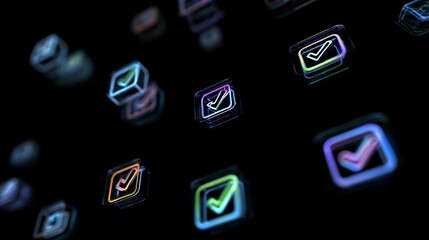 Abstract digital checklist with floating glowing 3D check marks on dark background representing productivity, efficiency, business management, task organization, workflow optimization and achievement 