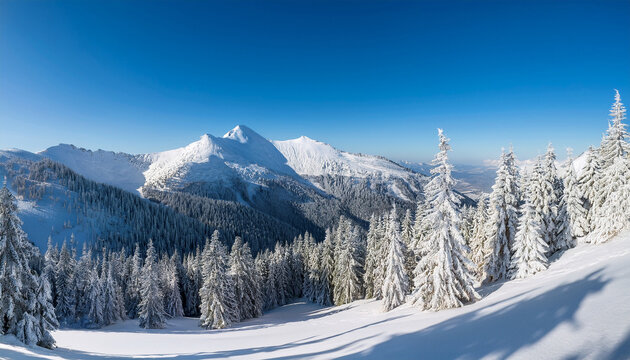 Majestic Snowy Mountain Landscape Surrounded By Frost Covered Evergreen Trees Under A Clear Blue Sky In Winter