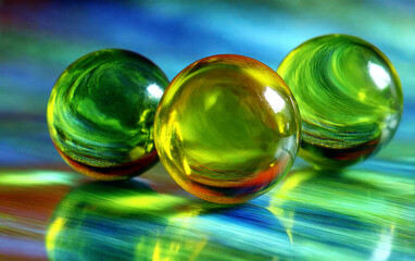 Colorful glass marbles with vibrant swirling patterns