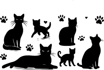 set of black cats, set of cats silhouettes