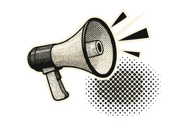 Megaphone vector for announcement, news, and sales. Retro collage style bullhorn with halftone texture. Loudspeaker for marketing, protest, or communication. Pop art design.