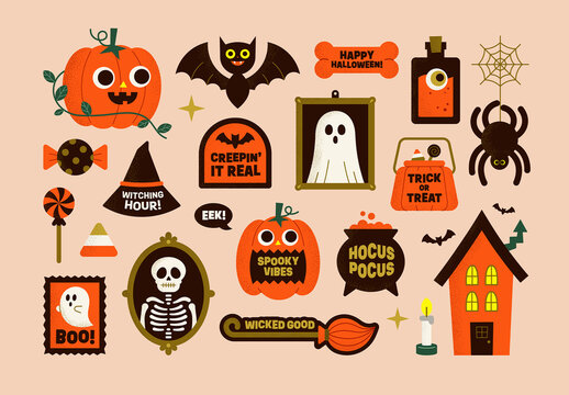 Halloween Sticker Illustrations & Vector Clipart Set, with Pumpkins, Skeletons, Ghosts