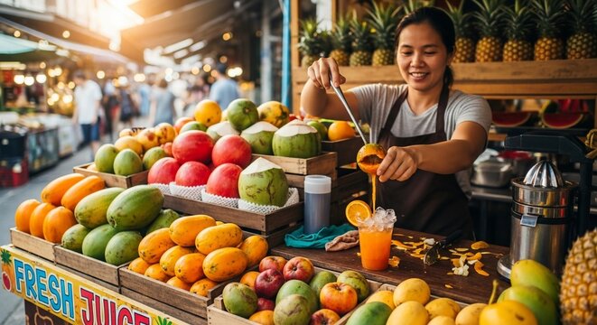 A smiling vendor prepares a fresh juice at a vibrant fruit stand in a bustling outdoor market.