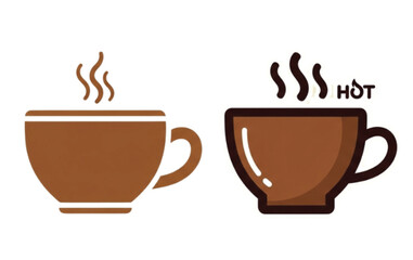 Obraz premium Two brown coffee cups with rising steam, indicating hot beverages, one explicitly labeled 'HOT' in a simple graphic style.