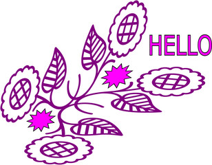 vector, Floral decoration with colorful leaves and pink accents saying hello  
