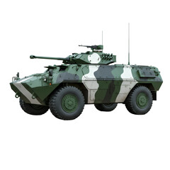 Fototapeta premium Camouflaged Armored Fighting Vehicle Isolated on Transparent Background Military Machine with Turret Mounted Gun and Four Wheel Drive for Defense