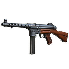 Close Up of Submachine Gun Weapon with Wood Stock and Black Metallic Body on Black Background