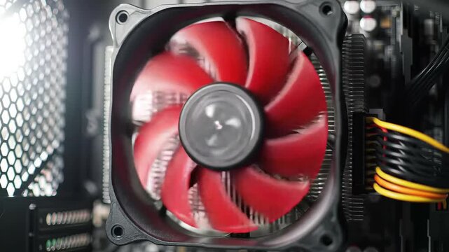 Close-up of a red computer cooling fan installed inside a computer case for crypto mining technology. The fan's sleek design and vibrant color enhance the overall aesthetic of the