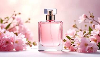 Pink perfume bottle surrounded by cherry blossoms