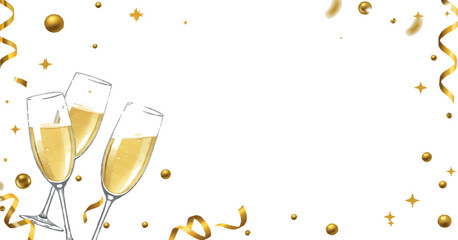 Champagne glasses with gold confetti and streamers for celebration banners, wedding invites, and party ads