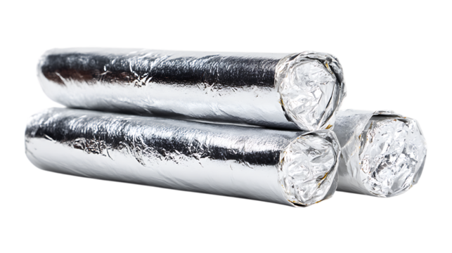 Shiny aluminum foil rolls isolated on transparent background