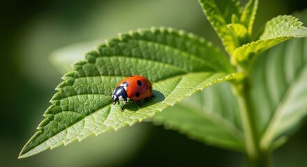 Fototapeta premium Ladybug on vibrant green leaf (1)