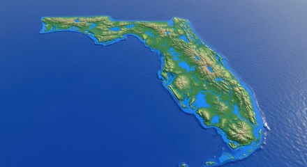 Satellite view of florida state map digital elevation model with ocean water