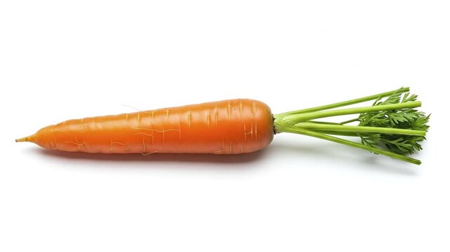 A single orange carrot with green leafy tops lies horizontally on a pristine white background showcasing its vibrant color and natural texture
