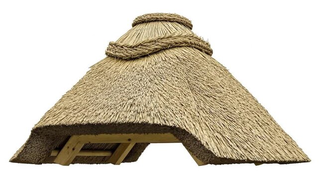 Conical thatched roof crafted from straw featuring braided details near the apex and exposed wooden support beams underneath against a white background