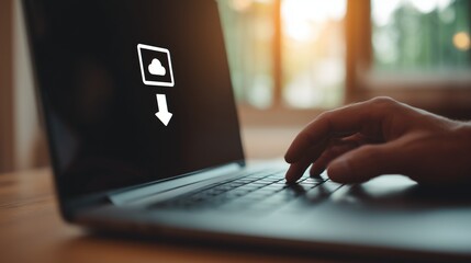 Digital Download Process: Hand Typing on Laptop with Cloud Icon and Arrow Symbol
