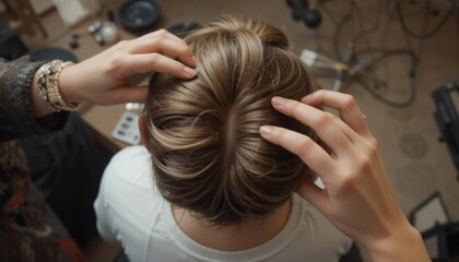 Naklejka premium A single sad woman at a hair salon hides her face with her hands, her eyes expressing pain and grief