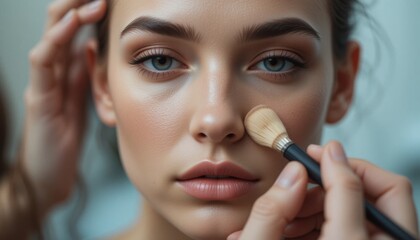 Obraz premium Closeup of a make-up artist applying powder on a woman's face as she applies her own mascara
