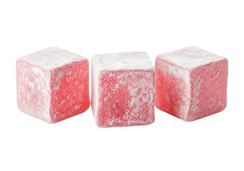Fototapeta premium Three vibrant pink Turkish delight cubes, dusted with powdered sugar, are presented against a striking black background.