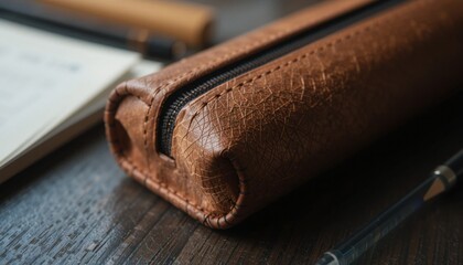 A detailed macro shot of a unique, handcrafted pencil case, focusing on the intricate stitching and material texture, on a simple desk setting.