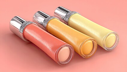 Three glossy, cosmetic tubes in varying shades of coral, peach, and yellow, sit on a muted coral background.  Each tube features a chrome-toned cap and a clear, rounded base