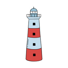 Hand drawn Lighthouse illustration. Drawing of Light House in blue and red colors. Vector clip art