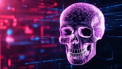 Digital skull emerging from binary code in cyberspace representing cyber crime and data breach - Powered by Adobe