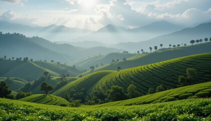 Green rolling hills covered in tea plantations under misty mountains. Sunlight breaks through clouds creating atmospheric haze. Scenic landscape offers tranquil view of agricultural terraces. Perfect