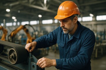 Factory Worker Inspecting Machinery with Safety Gear.
