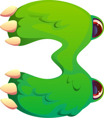 Obraz premium Bizarre monster character font digit 3 three. Crazy bugaboo creature kids ABC type numeral symbol, Halloween bogle personage cartoon vector font digit. Monster character alphabet typeface figure